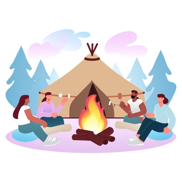 A warm bonfire is crackling with bright flames in front of a yurt. The yurt is made of beige fabric with a circular top and wooden supports. A group of friends is gathered around the bonfire, sitting on logs and cushions. Each friend is engaged, with one holding a stick and roasting marshmallows above the fire. The surrounding area is illuminated by the glow of the fire, casting soft shadows on the ground. In the background, pine trees rise gently against a twilight sky filled with gradient pastel colors, blending soft pinks and blues.