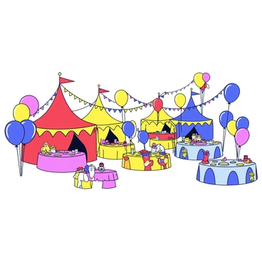A wedding venue designed with a vibrant circus theme. There are large, colorful tents in red, yellow, and blue, arranged in an open area. The tents are adorned with festive bunting and string lights that hang from the poles. Surrounding the tents are playful decor elements like oversized balloons in various colors, whimsical animal statues, and bright flower arrangements. Tables are set with cheerful tablecloths, and each table features a centerpiece of colorful confetti and small circus-themed items.
