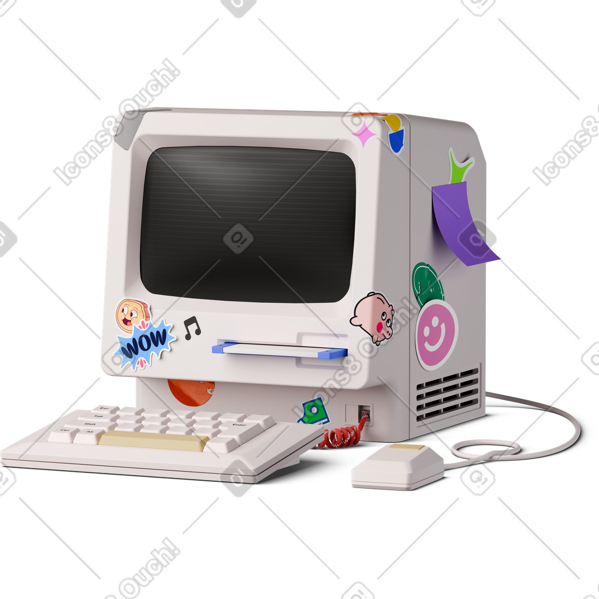 Old computer with stickers animated illustration in 3D Stickle style download in GIF, Lottie (JSON), AE