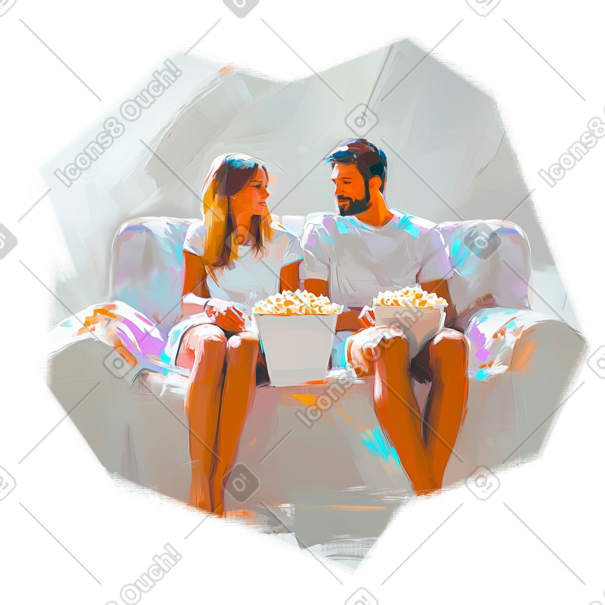 Ilustración Pintura al óleo de pareja con palomitas en el sofá estilo Pictorial a descargar PNG y SVG