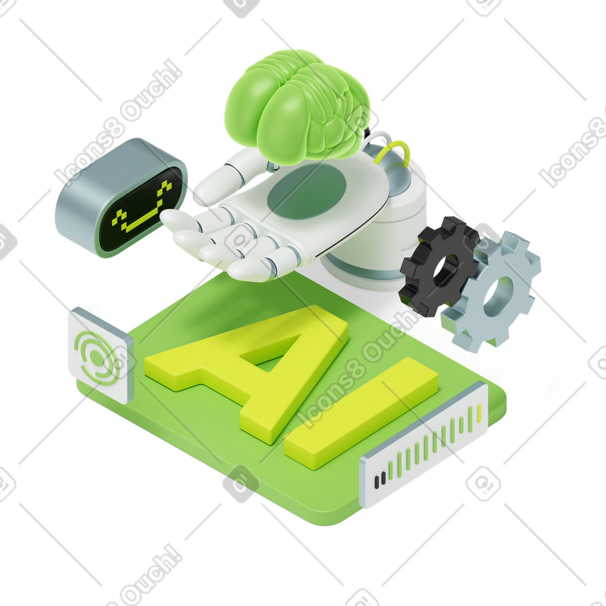 Lettering artificial intelligence with robot and hand holding the brain text illustrazione animata in stile 3D Isometric scaricabile in GIF, Lottie (JSON), AE