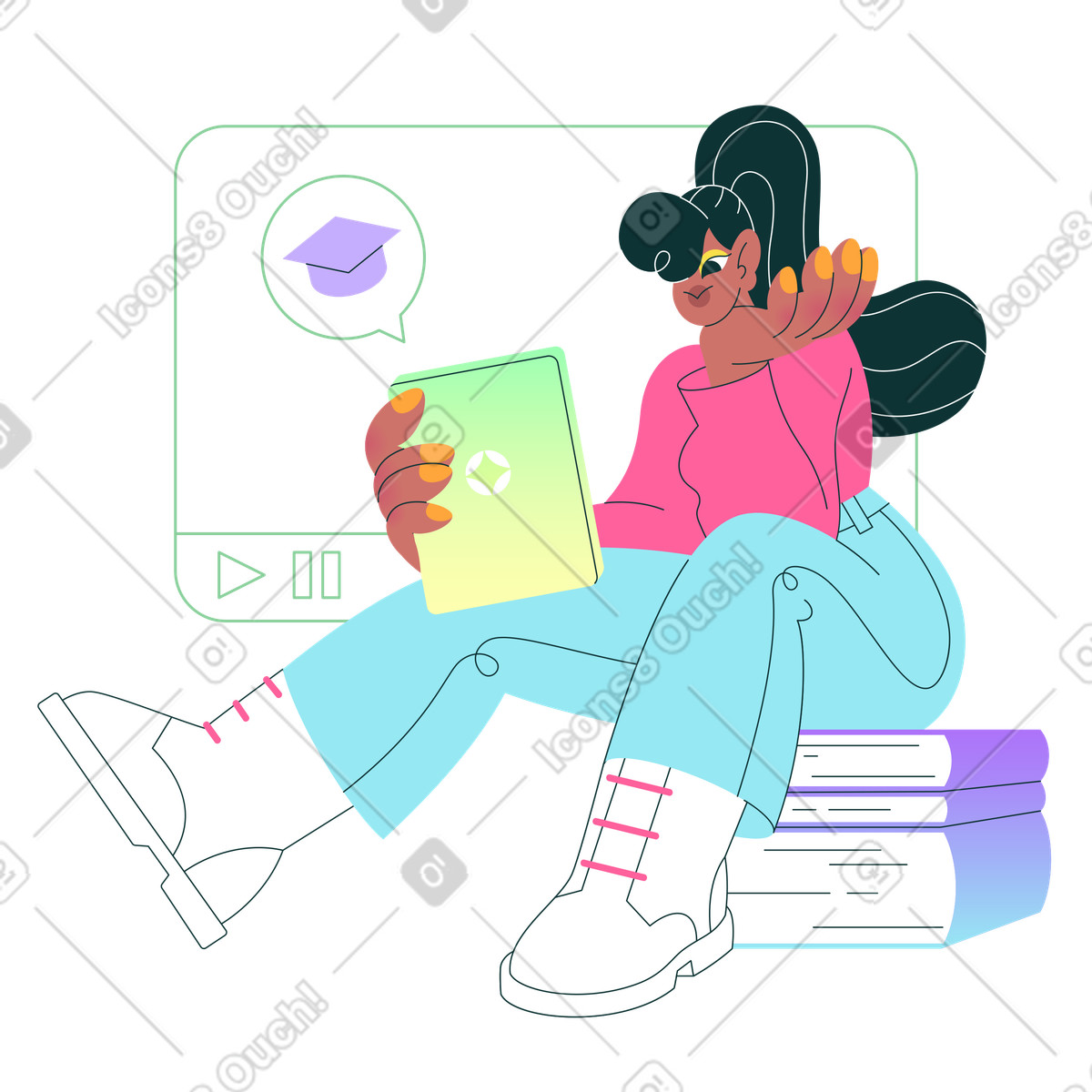 Ilustração de Menina sentada em uma pilha livros e estudando online no estilo Florid para baixar PNG, SVG