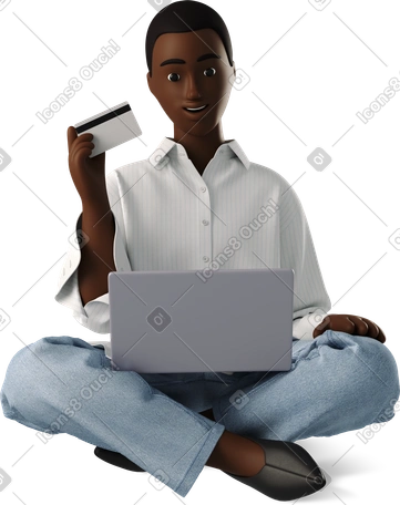 3D young woman with laptop shopping online illustration in PNG, SVG