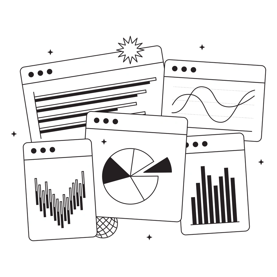 Graphs and charts displayed on multiple screens - Tokyo style illustration