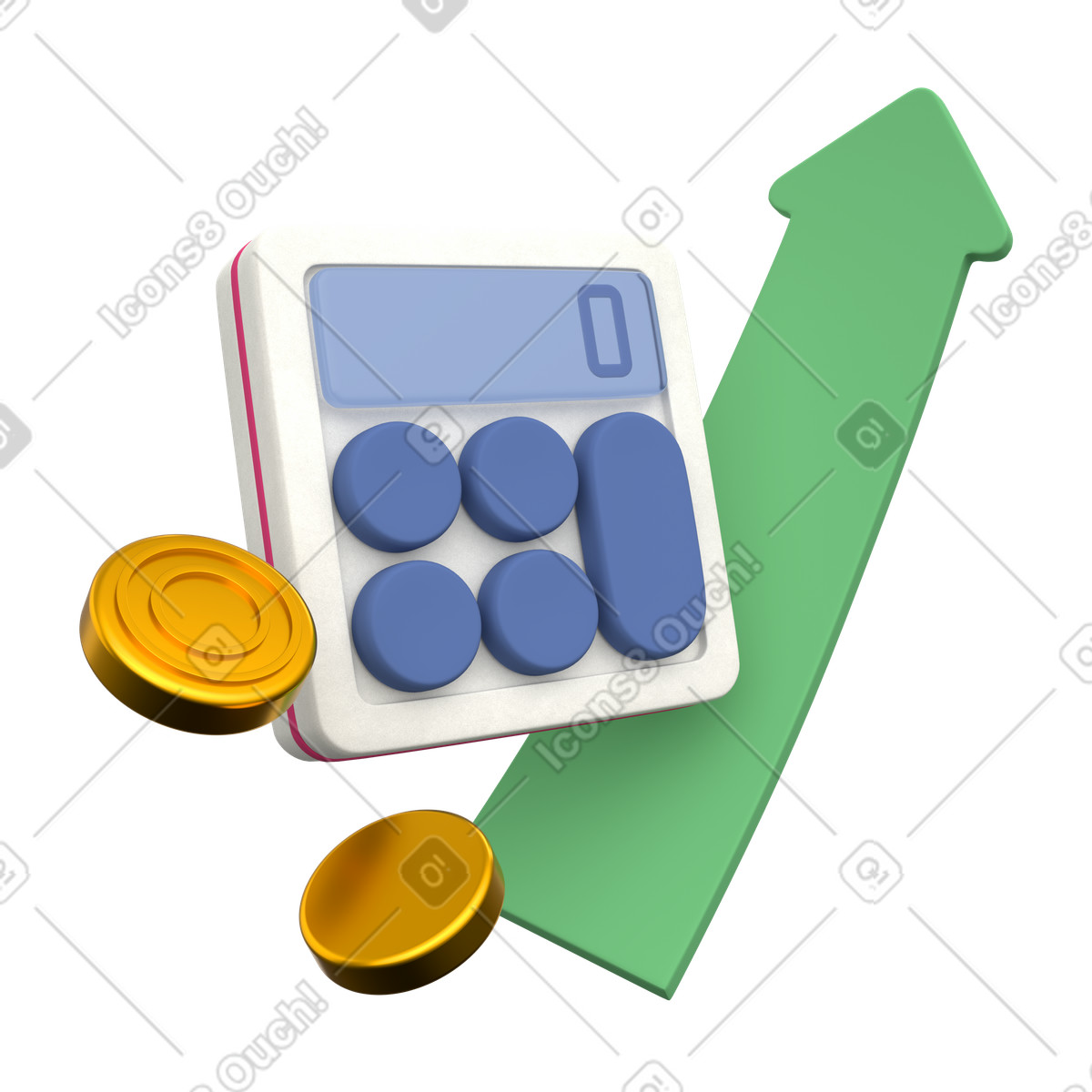 Revenue growth tracking with calculator and coins illustration in 3D Grid style download in PNG, SVG