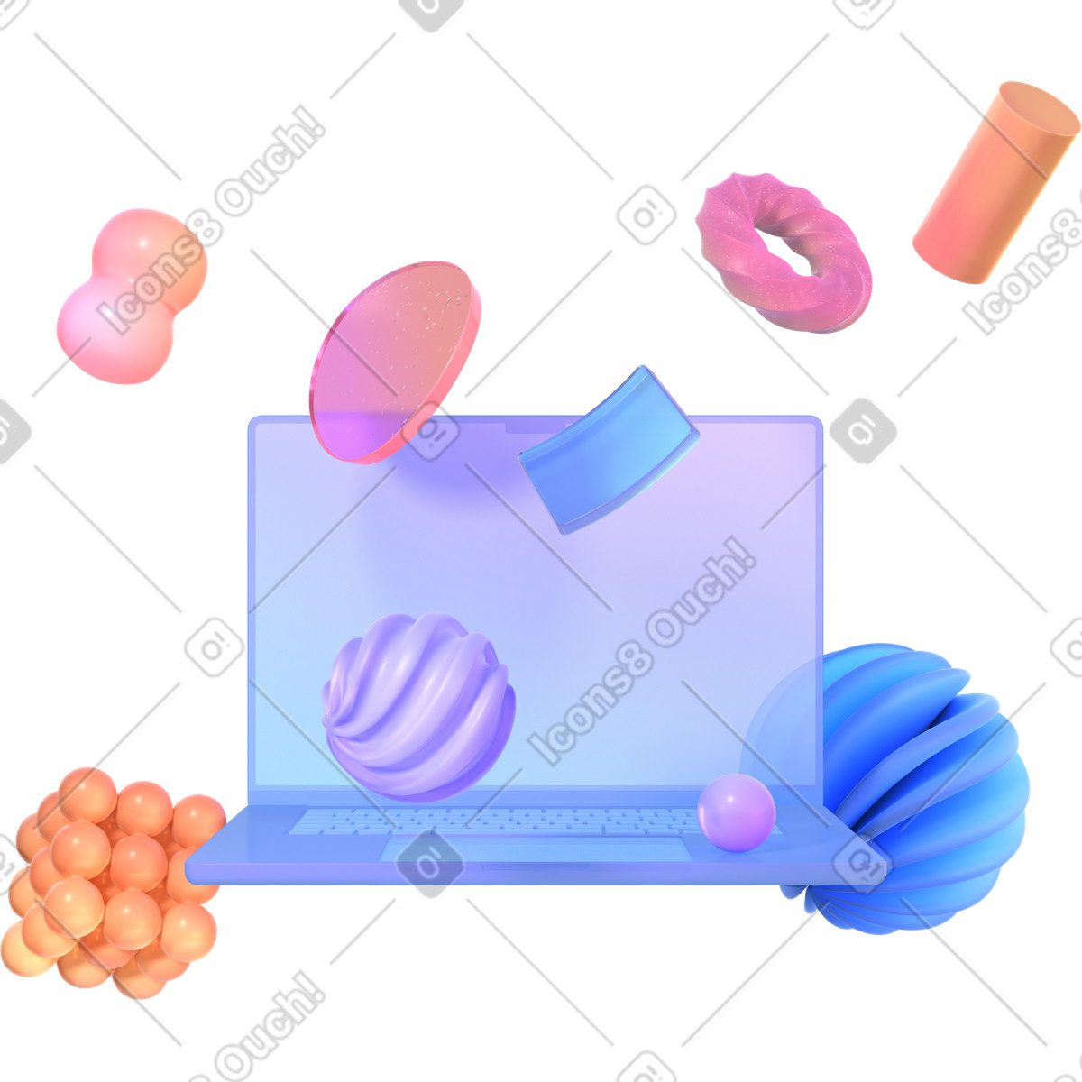 Laptop con forme astratte vibranti levitanti illustrazione in stile 3D Glassy scarica in PNG, SVG