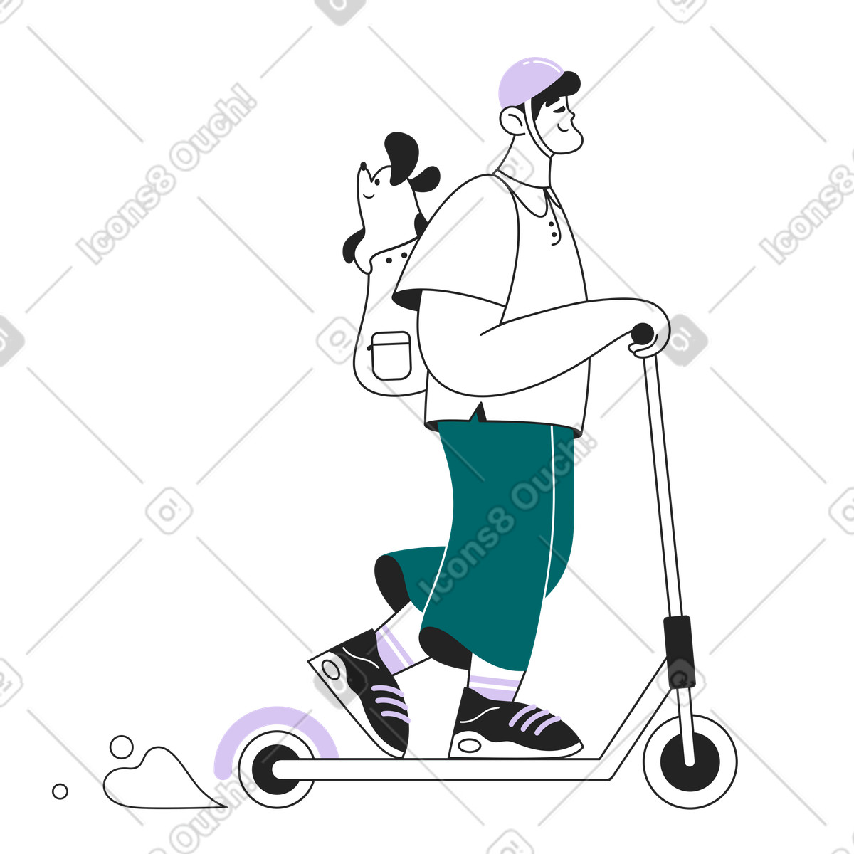 Guy e il suo cane in sella a uno scooter illustrazione stile Sammy Line scarica PNG, SVG