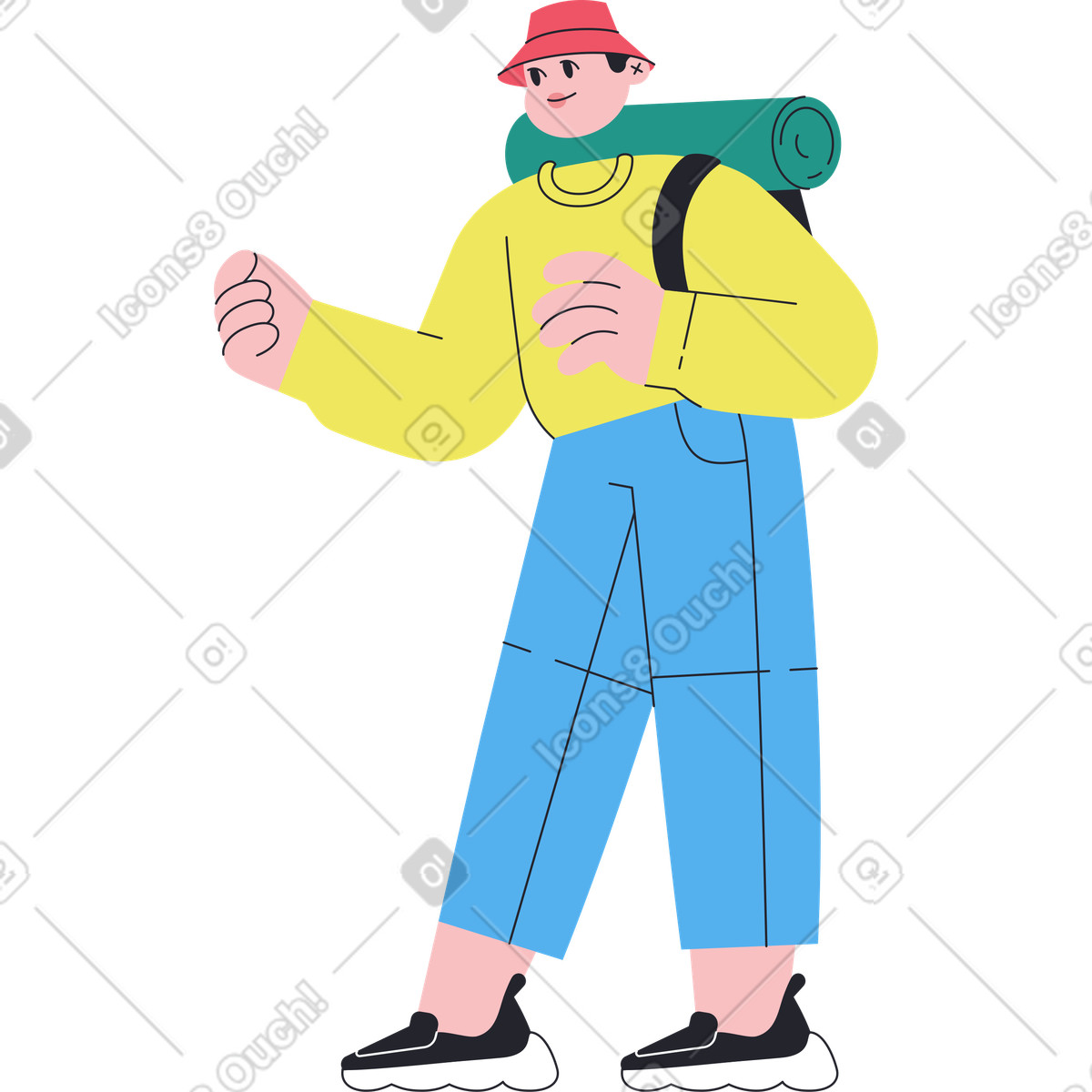 Uomo con zaino in piedi e possesso di qualcosa illustrazione stile Boba scarica PNG, SVG