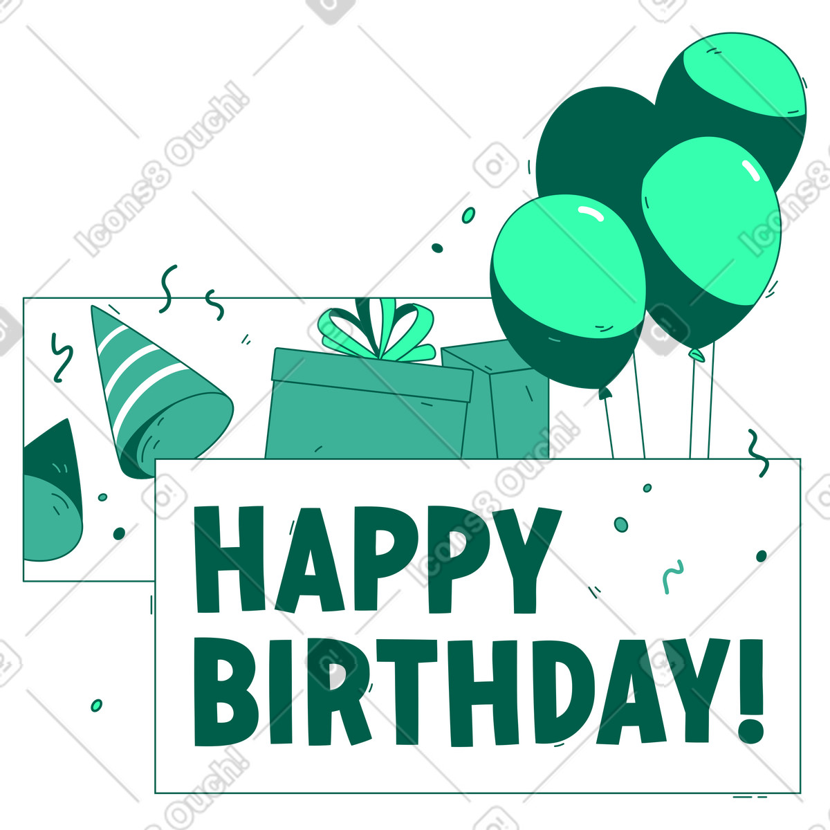 Testo scritta happy birthday con regali, palloncini e coriandoli illustrazione in stile Storyline scarica in PNG, SVG