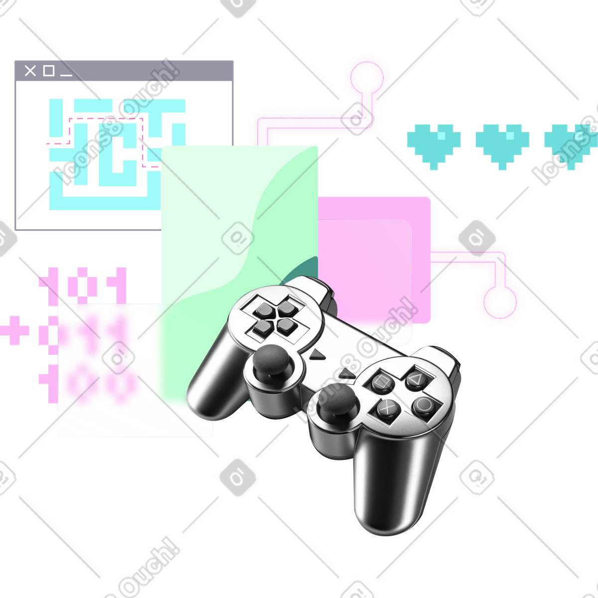 Sviluppo di giochi, controller gioco e risorse per videogiochi illustrazione in stile Chromed scarica in PNG, SVG