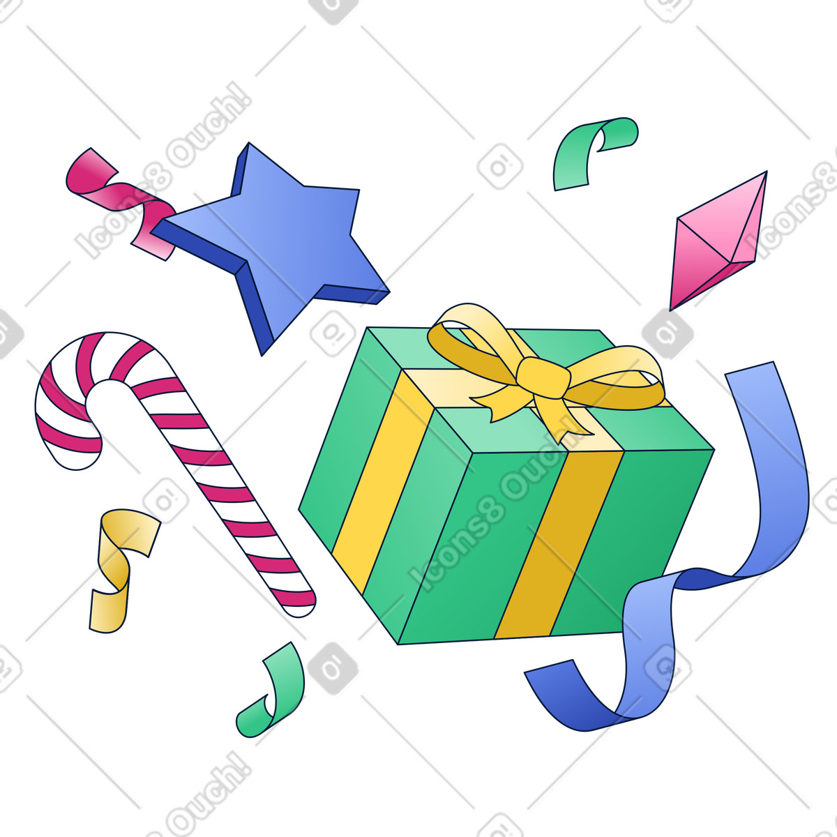 Wrapped gift box with candy cane and decorations, Christmas party preparation and holiday celebration illustration in PNG, SVG