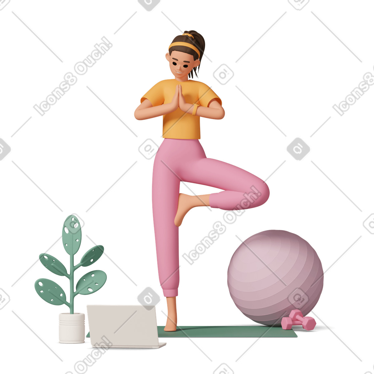 Young woman does yoga illustration in 3D Casual life style download in PNG, SVG