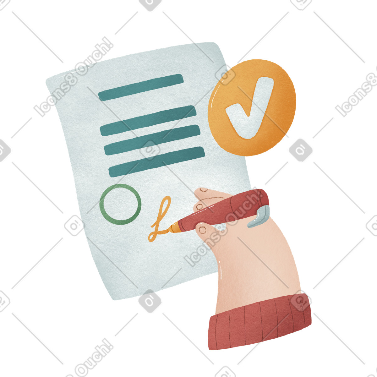 Hand signs the contract document with a red pen illustration in Woolly style download in PNG, SVG