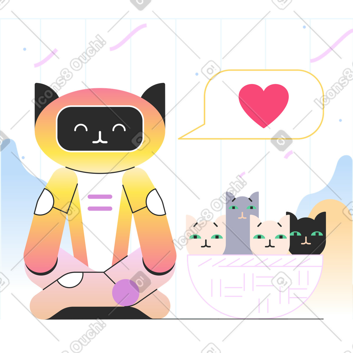 Artificial intelligence robot cares for the cats illustration in Marginalia style download in PNG, SVG