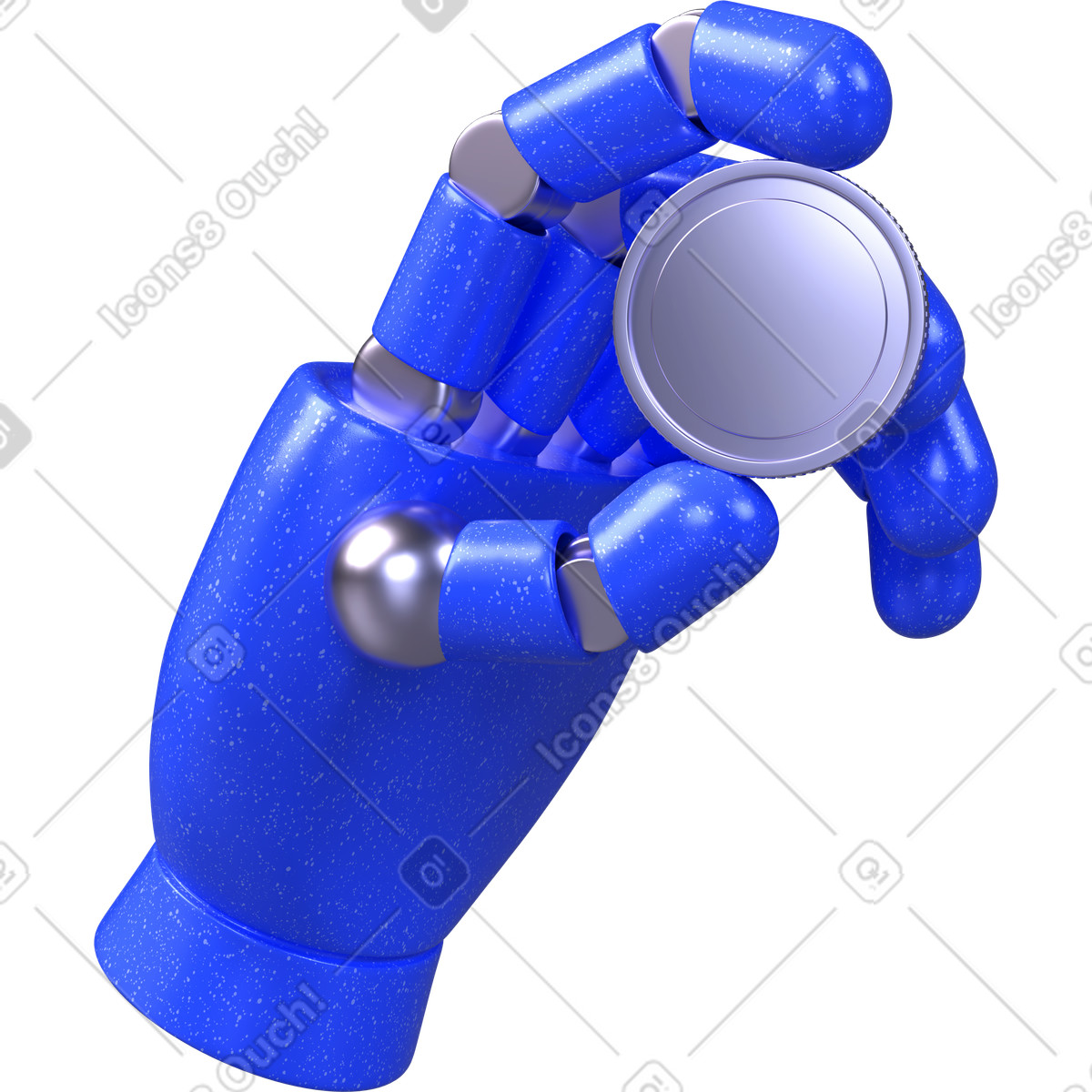 Robot hand holding coin, futuristic finance, digital currency concept illustration in 3D Boost style download in PNG, SVG