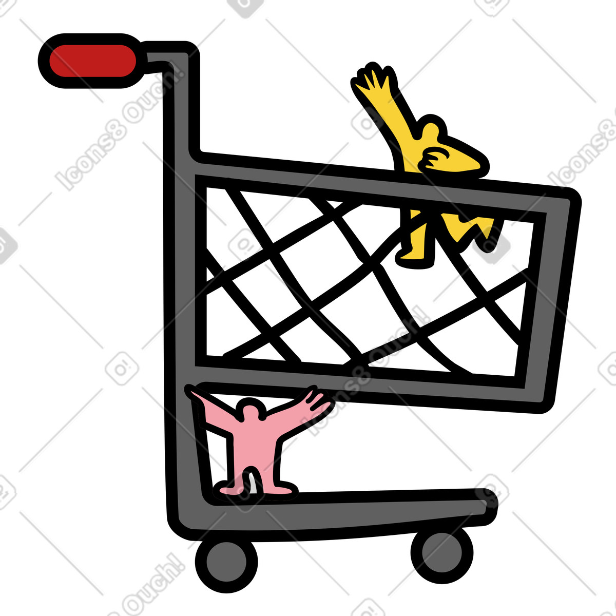 Retail shopping experience with playful grocery cart ride illustration in Wiggle style download in PNG, SVG