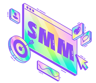 SMM text with social media icons and target - Holographic style illustration