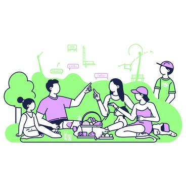 A family is having a picnic on a grass area in a park. They are seated on a green blanket spread out on the ground. In the center of the blanket, there is a basket filled with various foods, including sandwiches, fruits, and drinks. The family consists of four members: a father with short hair, wearing a t-shirt and shorts, a mother with long hair, wearing a sundress, a young girl with pigtails, and a teenage boy in a cap. The father is holding a card that says "cierto" and the mother has a card that says "falso." They are engaged in a discussion, pointing towards a distant area where there are no waves or sandy beach, confirming their location in the park. Trees surround them, and a few park benches are visible in the background.