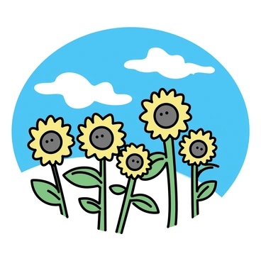 A field filled with tall sunflowers standing upright, their large yellow petals open wide and facing upward. The green stems of the sunflowers stretch toward the sky. A bright blue sky serves as a backdrop, with a few white clouds scattered across it.