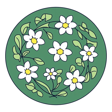 A piece of traditional embroidery displaying an intricate pattern of "edelweiss" flowers. The flowers are composed of white petals with yellow centers, arranged in a repeating design. The background of the embroidery is a rich green fabric, adding contrast to the delicate white flowers. Surrounding the edelweiss are decorative leaves in various shades of green, enhancing the overall detail of the pattern.