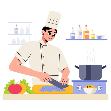 A chef wearing a white uniform and a tall hat is standing in a bright kitchen. The chef is focused on a cutting board, where fresh anchovies are being filleted. Various colorful vegetables, including red tomatoes, green herbs, and yellow peppers, are arranged around the chef. A pot is simmering on the stove, emitting steam, while a bowl nearby contains a mixture of spices. The background shows shelves filled with cooking utensils and jars of ingredients, creating a lively kitchen atmosphere.