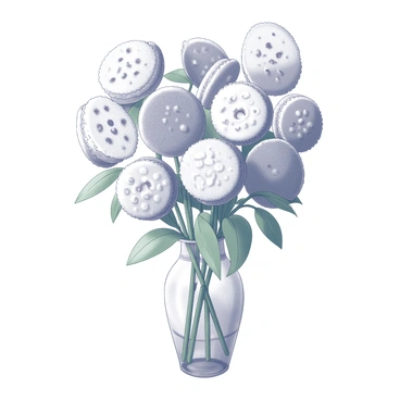 A bouquet of flowers arranged in a transparent vase. Each bloom is intricately designed to resemble a different type of biscuit, with unique shapes and textures. The petals are detailed, showcasing elements like swirls, drizzles, and patterns that imitate various biscuit varieties. The stems are green with detailed leaves that enhance the floral arrangement. The bouquet has a natural balance, with a variety of biscuit flowers of different sizes and shapes creating visual interest.