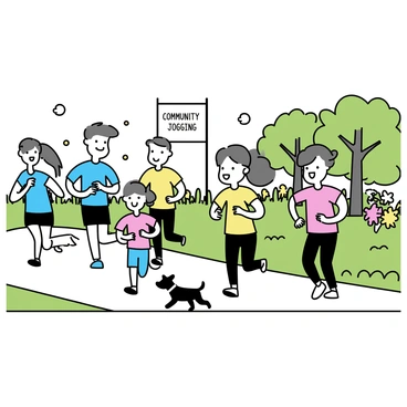 A group of people from various age groups, including children, adults, and seniors, jogging together along a tree-lined park path. Some individuals are wearing bright athletic clothing, while others are in casual wear. In the background, green grass and colorful flowers add vibrancy to the scene. A few joggers are smiling and encouraging each other as they run side by side. A small dog can be seen happily trotting alongside its owner. A banner in the distance reads, "Community Jogging Event."