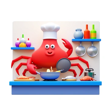 A crab with a bright red shell is wearing a white chef's hat. The crab is standing on its hind legs in a tiny kitchen filled with various cooking utensils. It is holding a frying pan in one claw, while the other claw is stirring a bubbling pot on the stove. The kitchen has a small countertop with fresh seafood ingredients like shrimp and fish neatly arranged. Above the stove, there are colorful spice jars and pots hanging from a rack. The walls of the kitchen are adorned with cheerful decorations, creating a lively cooking atmosphere.