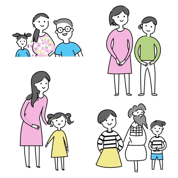 A collection of family portraits, each featuring a different family unit. The first portrait depicts a family of four: a father wearing glasses and a blue t-shirt, a mother with long brown hair in a pink dress, and two children, a boy in a green shirt and a girl in a yellow dress with pigtails. The second portrait shows a single-parent family with a mother in a red sweater and her son wearing a striped shirt, both smiling together. The third portrait features a multi-generational family with a grandmother in a floral blouse, a grandfather with a gray beard in a checkered shirt, and their adult children standing beside them. Each portrait is distinct and conveys the warmth and connection of family bonds.
