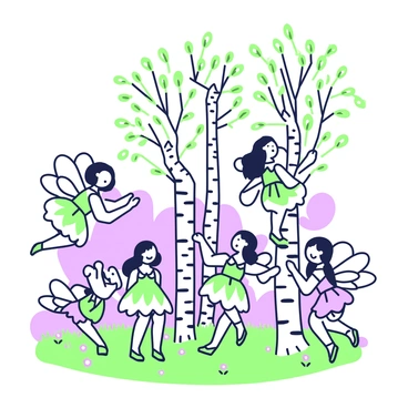 A group of fairies is gathered under a cluster of silver birch trees during twilight. The fairies have delicate, translucent wings and wear intricate dresses made of flower petals and leaves. Some fairies are dancing joyfully, while others are sitting on tree branches, laughing and enjoying the moment. The trees have slender white trunks with dark markings, and the ground is covered with soft green grass and small wildflowers. A gentle light emanates from the fairies, illuminating their surroundings as they celebrate together in a lively atmosphere.
