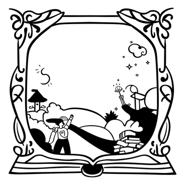 A detailed frame shaped like an ornate storybook. The corners are embellished with intricate designs of swirling vines and delicate flowers. Inside the frame, there are whimsical characters; a small fairy with delicate wings holding a glowing wand, a gallant knight in shiny armor standing proudly, and a playful dragon curled around a stack of books. Stars and clouds float around the characters, adding to the magical theme of the illustration. The background features a serene landscape with rolling hills and a distant castle.