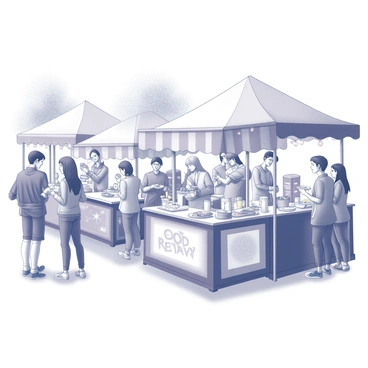 A vibrant scene depicting a lively seasonal festival. There are several food stalls set up, each adorned with various decorations, such as colorful banners and hanging lights. Attendees of different ages and backgrounds are gathered around, some chatting animatedly while others are sampling food from the stalls. A sense of joy and community is palpable, with people actively engaging in the festive atmosphere. In the background, trees are lightly decorated, creating an inviting environment. Several attendees are holding plates filled with food and drinks, further emphasizing the celebratory mood.