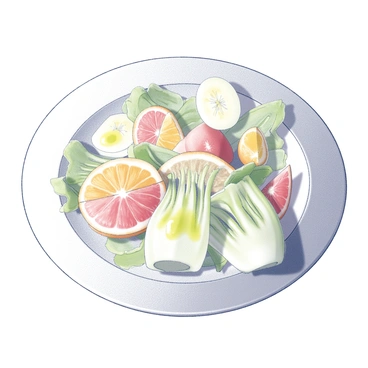 A round, white plate is filled with thinly sliced fennel arranged neatly in a circular pattern. Interspersed among the fennel slices are vibrant segments of citrus fruits, including oranges and grapefruits, adding texture and visual interest. A delicate drizzle of olive oil glistens over the entire arrangement, enhancing the fresh ingredients. The plate is set against a simple, neutral background to emphasize the freshness and arrangement of the food.