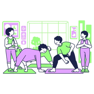 A group of children is giggling while they perform the cat-cow stretch in a classroom. They are positioned on colorful mats spread across the floor. Each child is wearing bright, casual clothing. One child with curly hair is in the cat position, arching their back, while another child with straight hair is in the cow position, looking up. A cheerful teacher stands beside them, demonstrating the pose, smiling and encouraging them. The classroom is decorated with vibrant posters and has large windows letting in natural light.