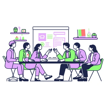 An international team is gathered in a meeting room, actively collaborating. A large table is surrounded by six professionals from diverse backgrounds, all engaged in discussion. Each person is wearing business attire, with distinct accessories representing their cultural backgrounds. On the walls of the room, various flags are displayed, each one meticulously arranged. There are symbols and artifacts from multiple cultures positioned on shelves, adding to the rich atmosphere of collaboration. A large screen in front displays a presentation with charts and bullet points, contributing to the dynamic setting.