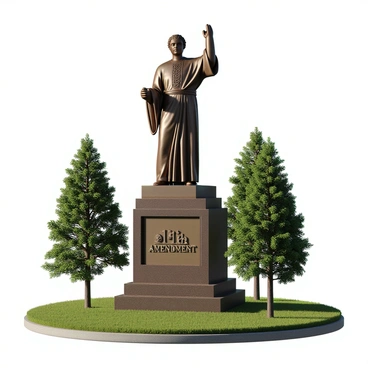 A tall, imposing statue made of polished bronze, symbolizing state sovereignty. The statue depicts a figure standing proudly, with one hand raised and a scroll in the other hand. The figure wears a flowing robe, intricately detailed with various symbols representing justice and governance. At the base of the statue, the "11th Amendment" is engraved in bold, capital letters on a rectangular plaque. The surroundings include a well-manicured lawn and a few trees in the background, providing a serene atmosphere. Sunlight casts shadows, accentuating the features of the statue.