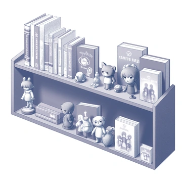 A shelf filled with various collectibles. The shelf is lined with multiple figurines depicting characters from a single anime series, each one carefully arranged to showcase its unique features and poses. In addition to the figurines, several anime books are stacked neatly beside them, featuring colorful covers that represent the series. The shelf provides a sense of organization, with items displayed at varying heights to create visual interest. Small decorative elements, such as themed posters or trinkets, enhance the overall aesthetic of the collection. The scene captures the essence of a dedicated collector's passion for the series.