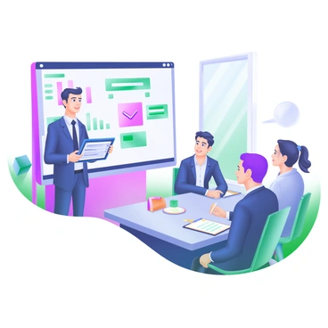 A young entrepreneur stands confidently in front of a panel of professionals. The entrepreneur is wearing a smart, tailored outfit and holding a tablet displaying a presentation. The panel consists of three individuals, each seated at a table with notepads and pens, listening attentively. A large screen behind the panel shows graphs and key points related to the startup idea. The room is well-lit, with modern decor and a large window allowing natural light to filter in.