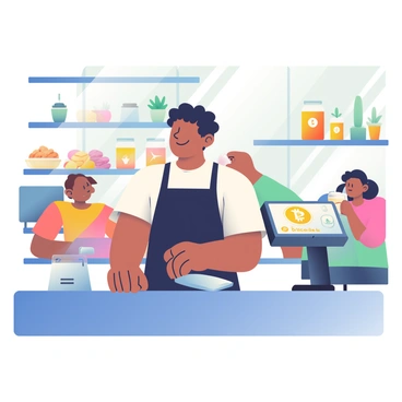A small business owner with light brown skin and curly hair is standing behind the counter of a cozy cafe, smiling as they accept Bitcoin payments from customers. The owner is wearing a black apron over a white t-shirt. On the counter, there is a sleek, modern point-of-sale device displaying a Bitcoin symbol. In the background, there are wooden shelves lined with jars of freshly baked goods and potted plants. A few customers are sitting at tables, enjoying their drinks, while sunlight streams through large windows, illuminating the space.
