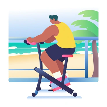 A person using an exercise bike on a balcony overlooking a sunny beach