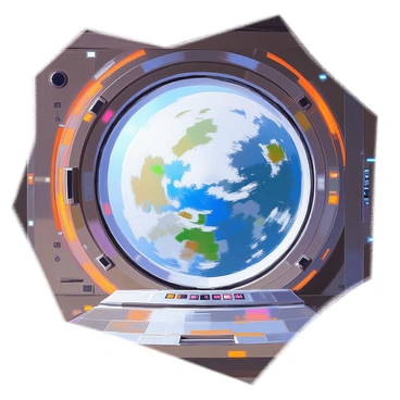 A large round window of a space station reveals a breathtaking view of a distant planet. The planet is mostly covered in vibrant blue oceans, with swirling white clouds and patches of green land visible. The blackness of space surrounds the window, creating a stark contrast with the vivid colors of the planet. The frame of the window is metallic and sleek, with small control panels visible on either side. The interior of the space station has soft lighting, enhancing the overall atmosphere of exploration and wonder.