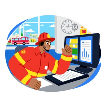 A firefighter in a bright red uniform answers an urgent call at a busy fire station control room. The control room is filled with multiple screens displaying maps and emergency information. The firefighter has a headset on, looking focused and alert, as they speak intently into the microphone. Behind them, a large wall clock shows the current time, and the walls are adorned with firefighting awards and photographs. A fire truck can be seen through a large window, ready for immediate deployment. The atmosphere is energetic and dynamic, capturing the urgency of the moment.
