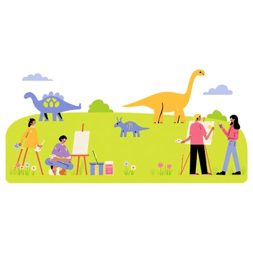 A quiet meadow with lush green grass and colorful wildflowers. Various dinosaurs, such as a large Brachiosaurus and a small Triceratops, are grazing peacefully in the background. In the foreground, a group of humans are set up with easels and paint supplies. One artist is capturing the scene on a canvas, while another is mixing paint on a palette. The sky is clear with a few fluffy clouds, and the soft sunlight illuminates the vibrant colors of the meadow.