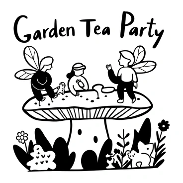 A garden setting with a large, detailed mushroom serving as a table. Tiny fairies with intricate wings and delicate features are seated around the table, engaging in conversation. Various small animals, such as a rabbit and a squirrel, are also sitting at the mushroom table, holding tiny teacups. Surrounding them are lush plants and flowers, adding to the whimsical atmosphere. Words "Garden Tea Party" are elegantly displayed above the scene.