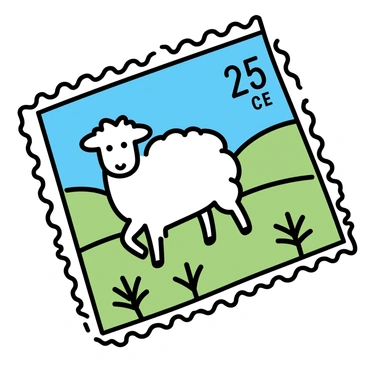 A vintage postage stamp featuring an illustration of a sheep. The sheep is depicted in a lush green pasture, surrounded by rolling hills and a clear blue sky. There are a few scattered wildflowers in the foreground, creating a serene atmosphere. The stamp has a decorative border with ornate details, and the denomination "25 cents" is placed in the corner.