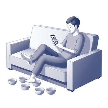 A person sitting on a couch, with a relaxed posture. The couch is upholstered and has a soft texture. The individual has a thoughtful expression while looking at a smartphone or tablet, which displays "photos of friends having fun at a party." Surrounding the person are several empty snack bowls, some made of ceramic and others of plastic, indicating a recent gathering. The room has a cozy atmosphere, with soft lighting casting gentle shadows.