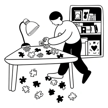 An individual with short hair is sitting at a wooden table, leaning forward with concentration. Their hands are actively arranging various jigsaw puzzle pieces. The puzzle is partially completed, displaying intricate patterns and images. Several scattered puzzle pieces are all around, creating a sense of challenge. A small lamp on the table casts a soft glow over the scene, illuminating the pieces. In the background, a bookshelf filled with other puzzles and books is visible.