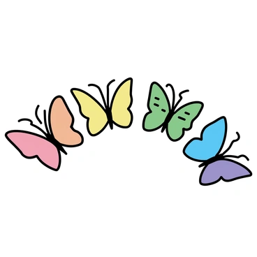 A rainbow formed by a series of butterflies, each displaying unique colors and patterns. The butterflies are arranged in an arc, transitioning smoothly from red to orange, yellow, green, blue, indigo, and violet. Each butterfly is depicted with intricately detailed wings, showcasing a variety of shapes and sizes. The background is minimalistic to emphasize the vibrant colors of the butterflies.