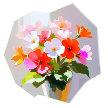 An abstract painting featuring colorful, swirling forms that resemble geraniums