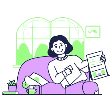 A cheerful policyholder is seated comfortably in a cozy living room. She has medium-length hair and is wearing a light-colored sweater. In her hands, she holds an "in-force illustration letter," reading it intently with a smile on her face. The letter features various charts and graphs, visible behind her. A window behind her allows natural light to brighten the room, where a table with a small potted plant and a cup of tea is positioned nearby.